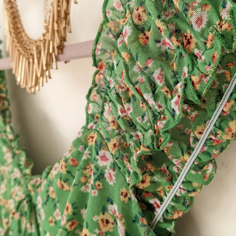 🔴SOLD🔴Vintage French Green Floral Print Mini Dress Size L - Picture 2 of 15